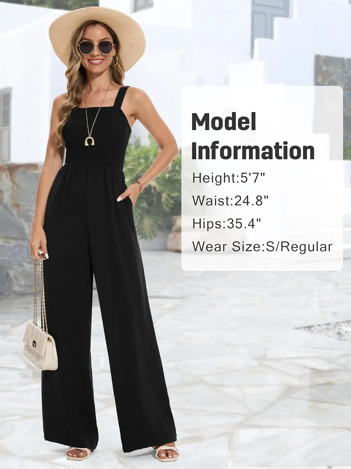 Women's Petite Regular Tall Casual Loose Overalls Jumpsuits One Piece Sleeveless Wide Leg Pants Rompers