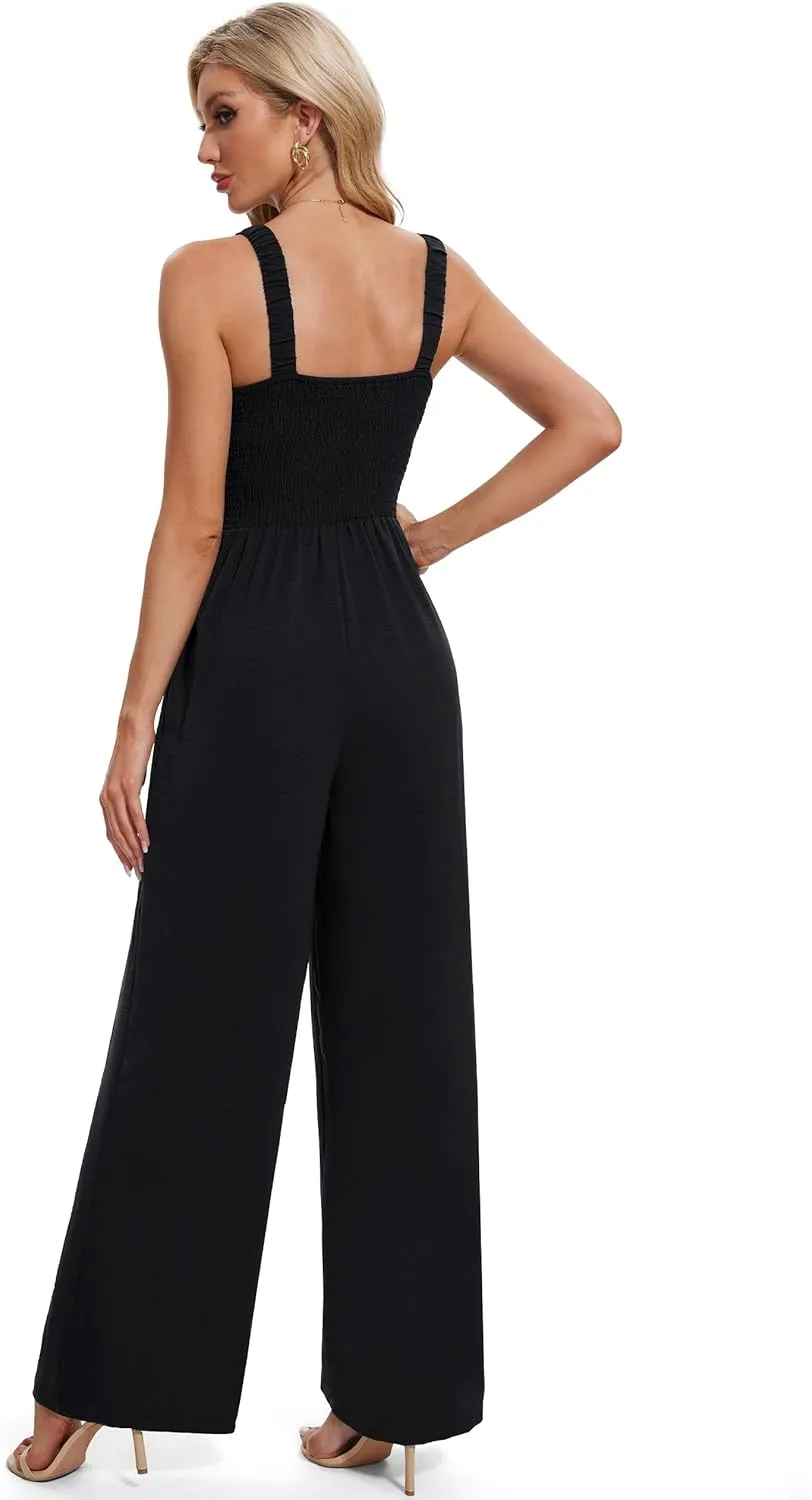 Women's Petite Regular Tall Casual Loose Overalls Jumpsuits One Piece Sleeveless Wide Leg Pants Rompers