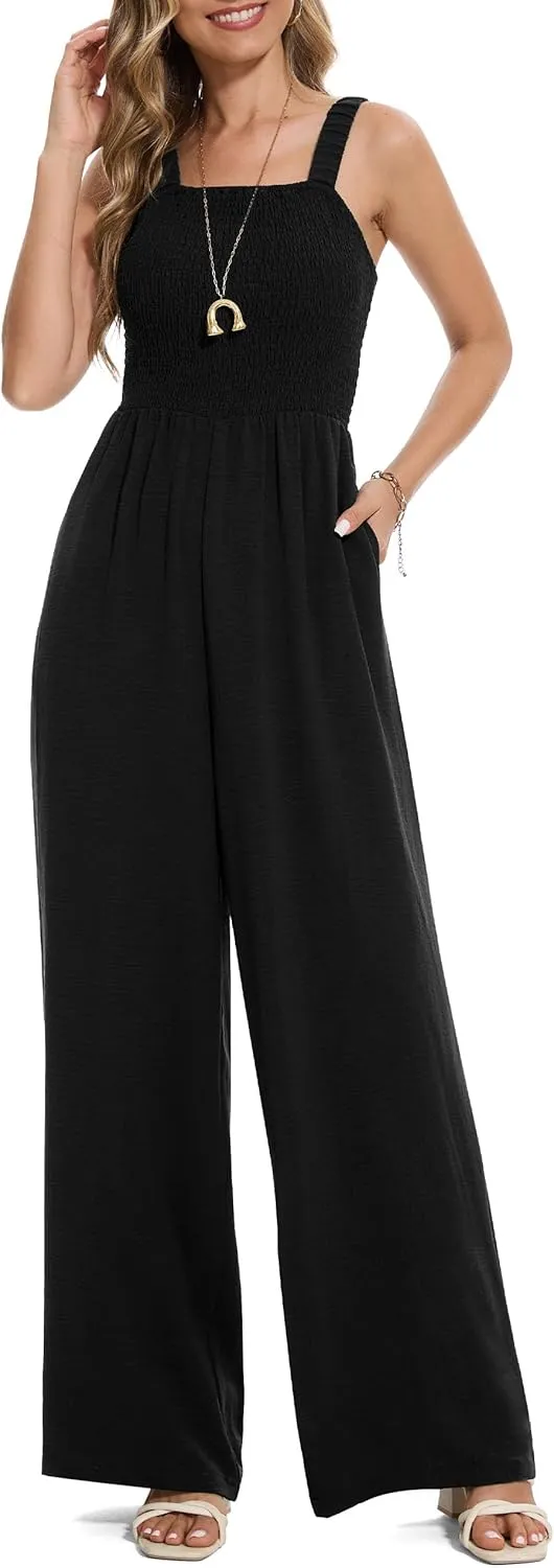 Women's Petite Regular Tall Casual Loose Overalls Jumpsuits One Piece Sleeveless Wide Leg Pants Rompers