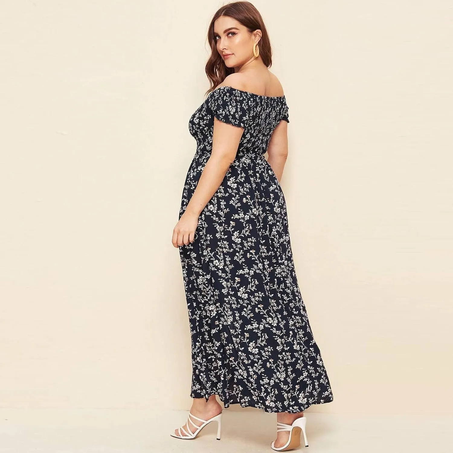 Women's Plus Size Maxi Long Dress Sexy Off Shoulder Sundress Bohemian Style Floral Print Slit Dress Vestidos