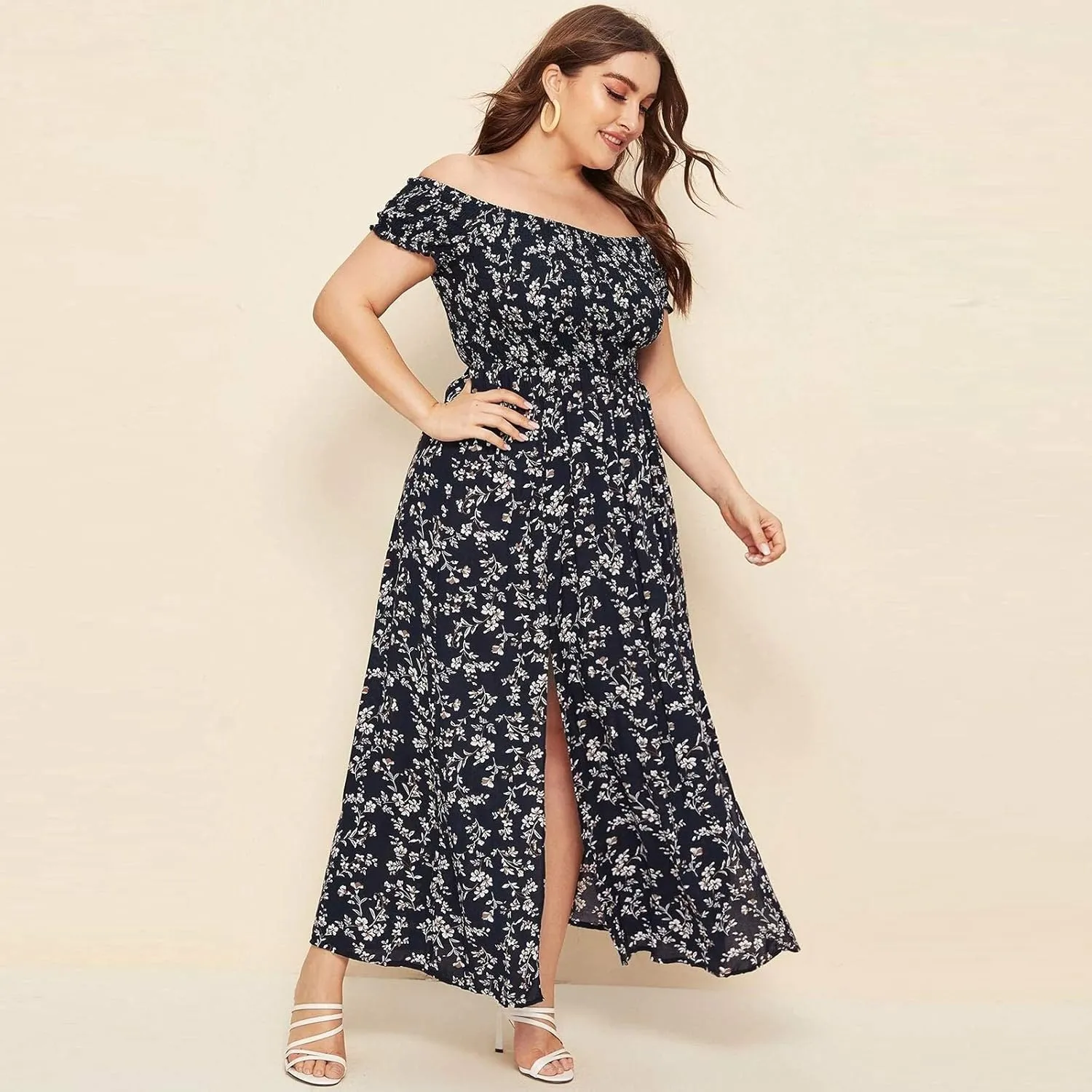 Women's Plus Size Maxi Long Dress Sexy Off Shoulder Sundress Bohemian Style Floral Print Slit Dress Vestidos