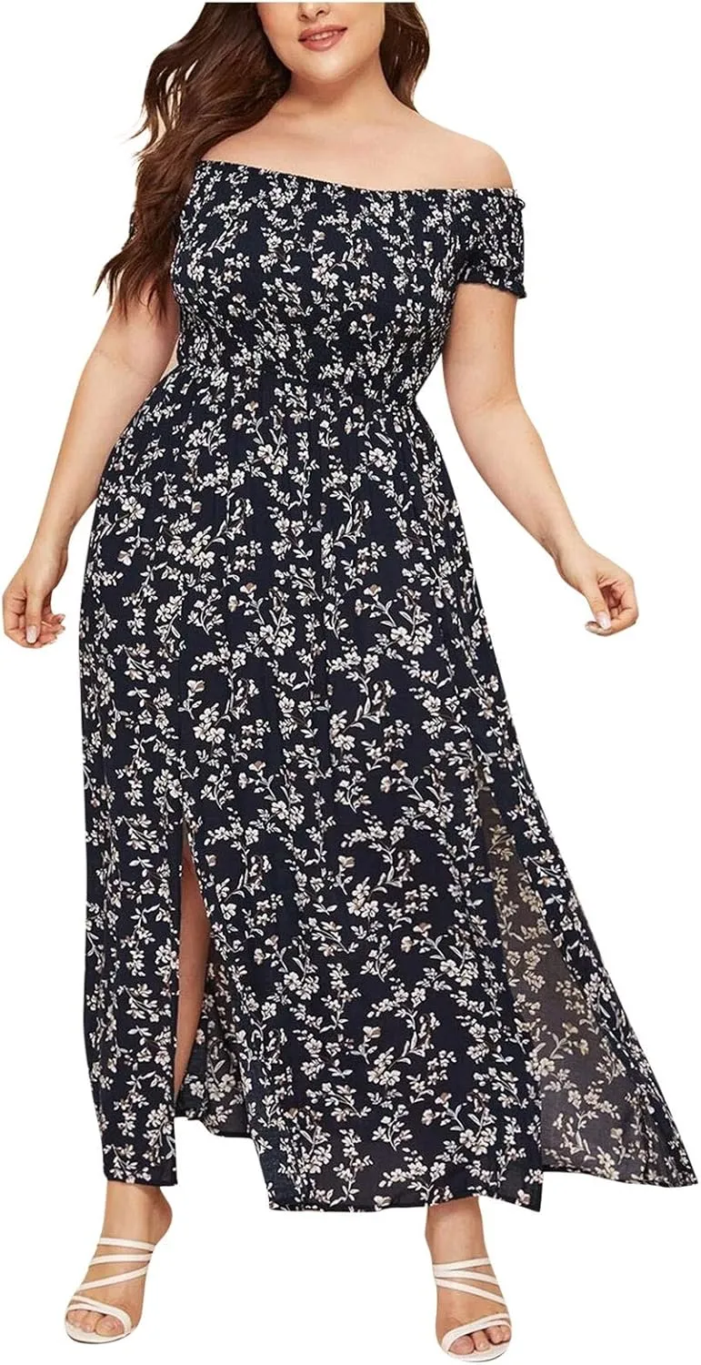Women's Plus Size Maxi Long Dress Sexy Off Shoulder Sundress Bohemian Style Floral Print Slit Dress Vestidos