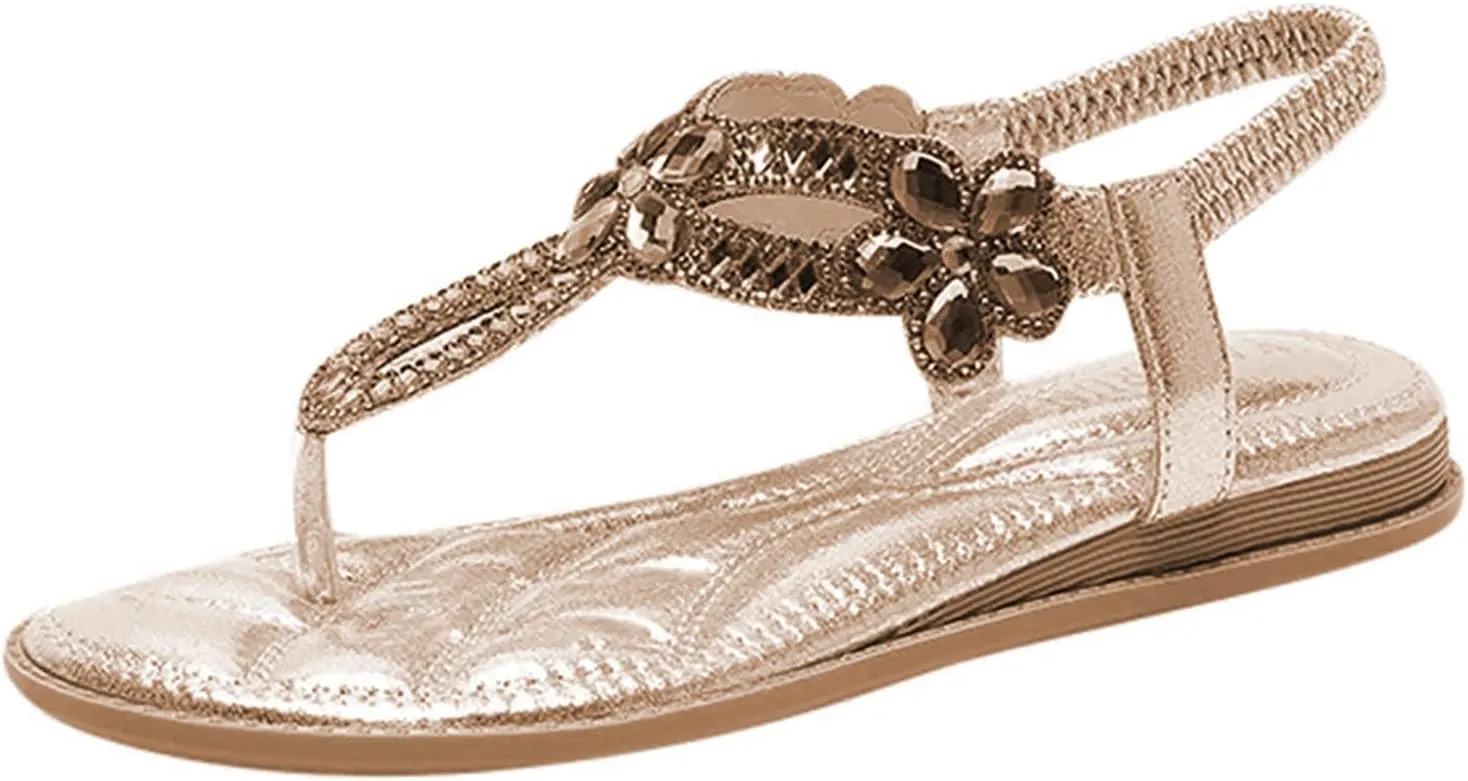 Women's Rhinestone Thong Flat Sandals Elastic Ankle Strap Bohemian Dressy Sandals for Women T-Strap Beaded Flower Rhinestone Flat Sandal Dress Beach Shoes Comfortable Lightweight Wedding Sandal