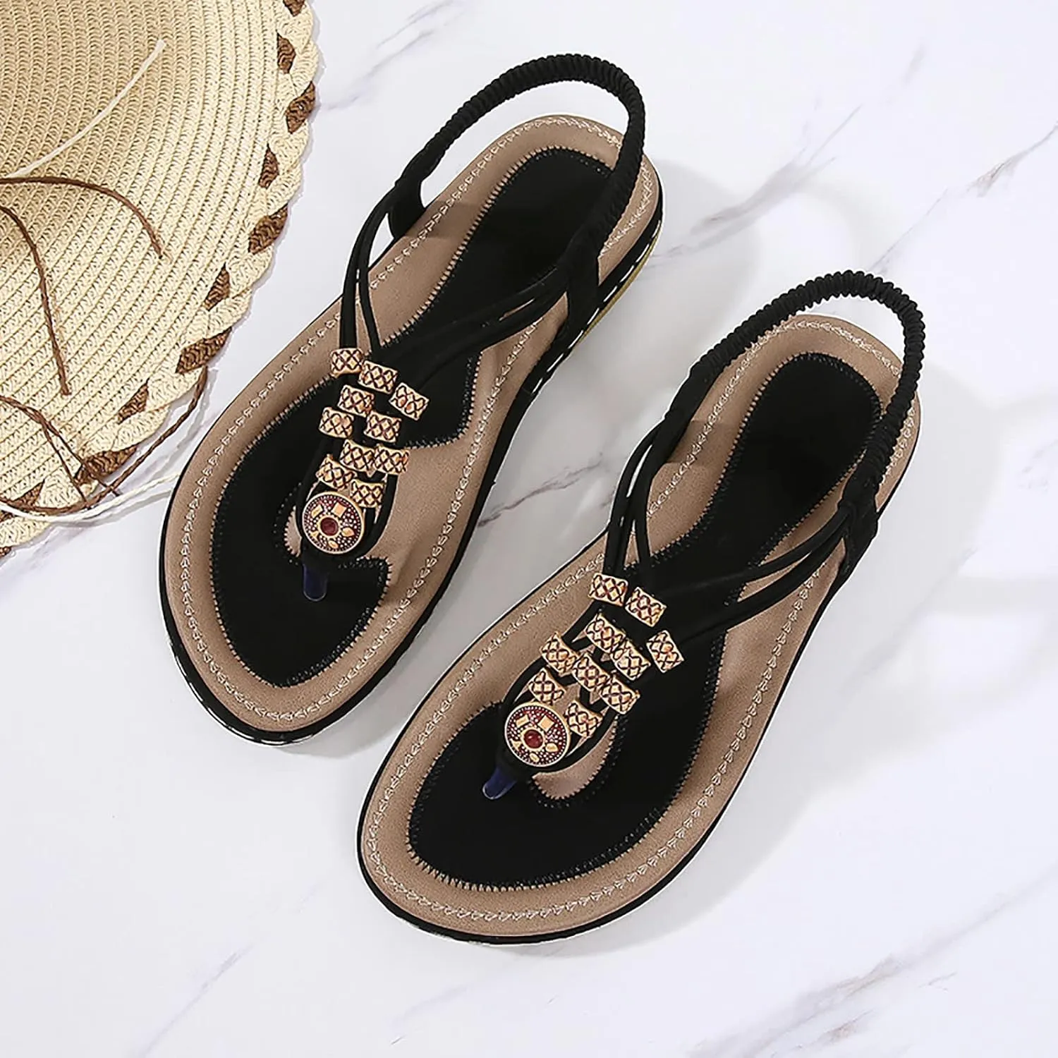 Women's Sandals Arch Support Sandals T-Strap Bohemian Beaded Flat Sandals Summer Beach Shoes Elastic Ankle Strap Sandal