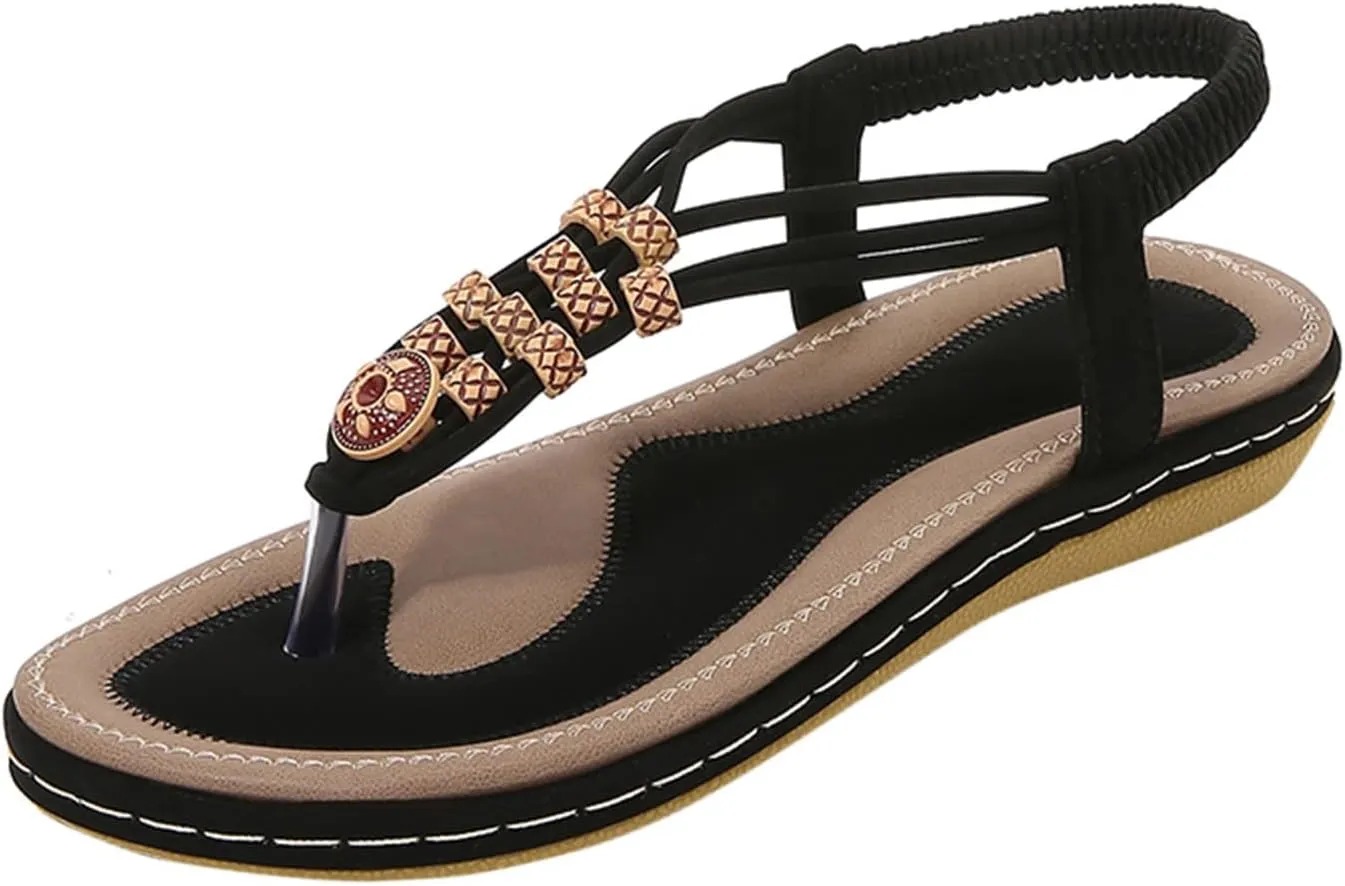 Women's Sandals Arch Support Sandals T-Strap Bohemian Beaded Flat Sandals Summer Beach Shoes Elastic Ankle Strap Sandal