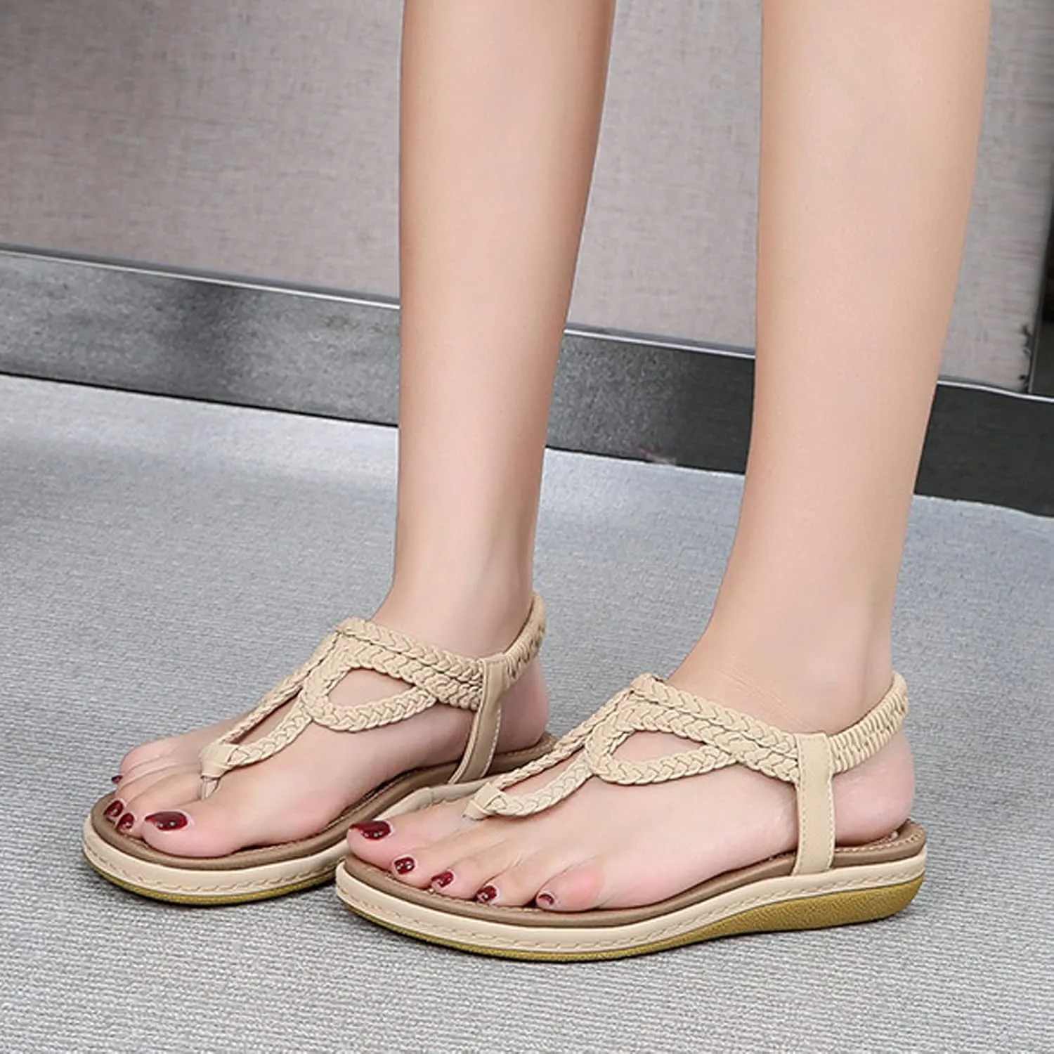 Women's Sandals Arch Support Sandals T-Strap Bohemian Beaded Flat Sandals Summer Beach Shoes Elastic Ankle Strap Sandal