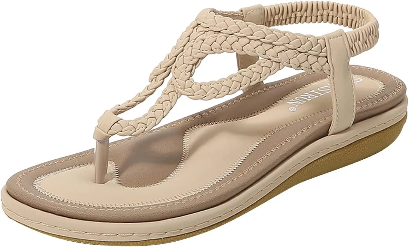 Women's Sandals Arch Support Sandals T-Strap Bohemian Beaded Flat Sandals Summer Beach Shoes Elastic Ankle Strap Sandal