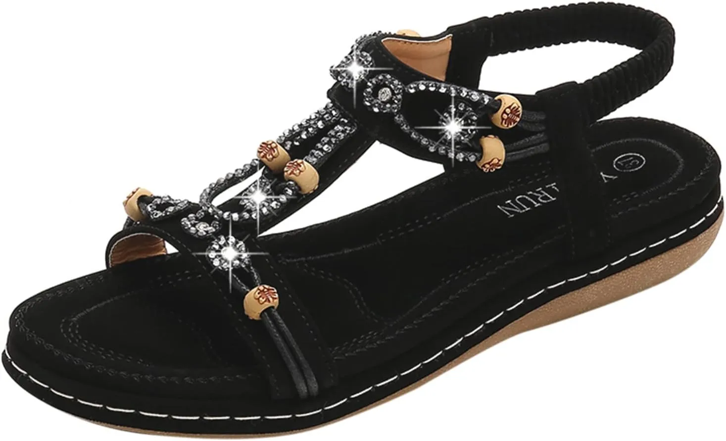 Women's Sandals Arch Support Sandals T-Strap Bohemian Beaded Flat Sandals Summer Beach Shoes Elastic Ankle Strap Sandal