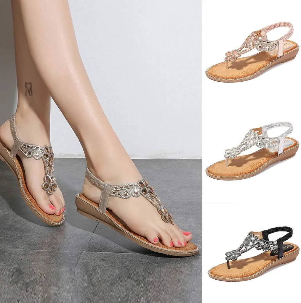Women's Sandals Arch Support Sandals T-Strap Bohemian Beaded Flat Sandals Summer Beach Shoes Elastic Ankle Strap Sandal