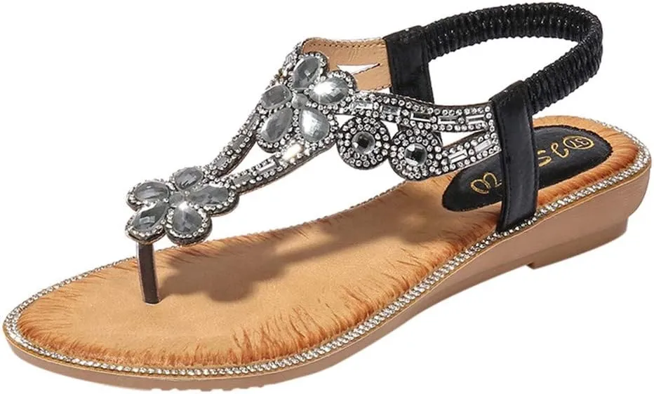 Women's Sandals Arch Support Sandals T-Strap Bohemian Beaded Flat Sandals Summer Beach Shoes Elastic Ankle Strap Sandal
