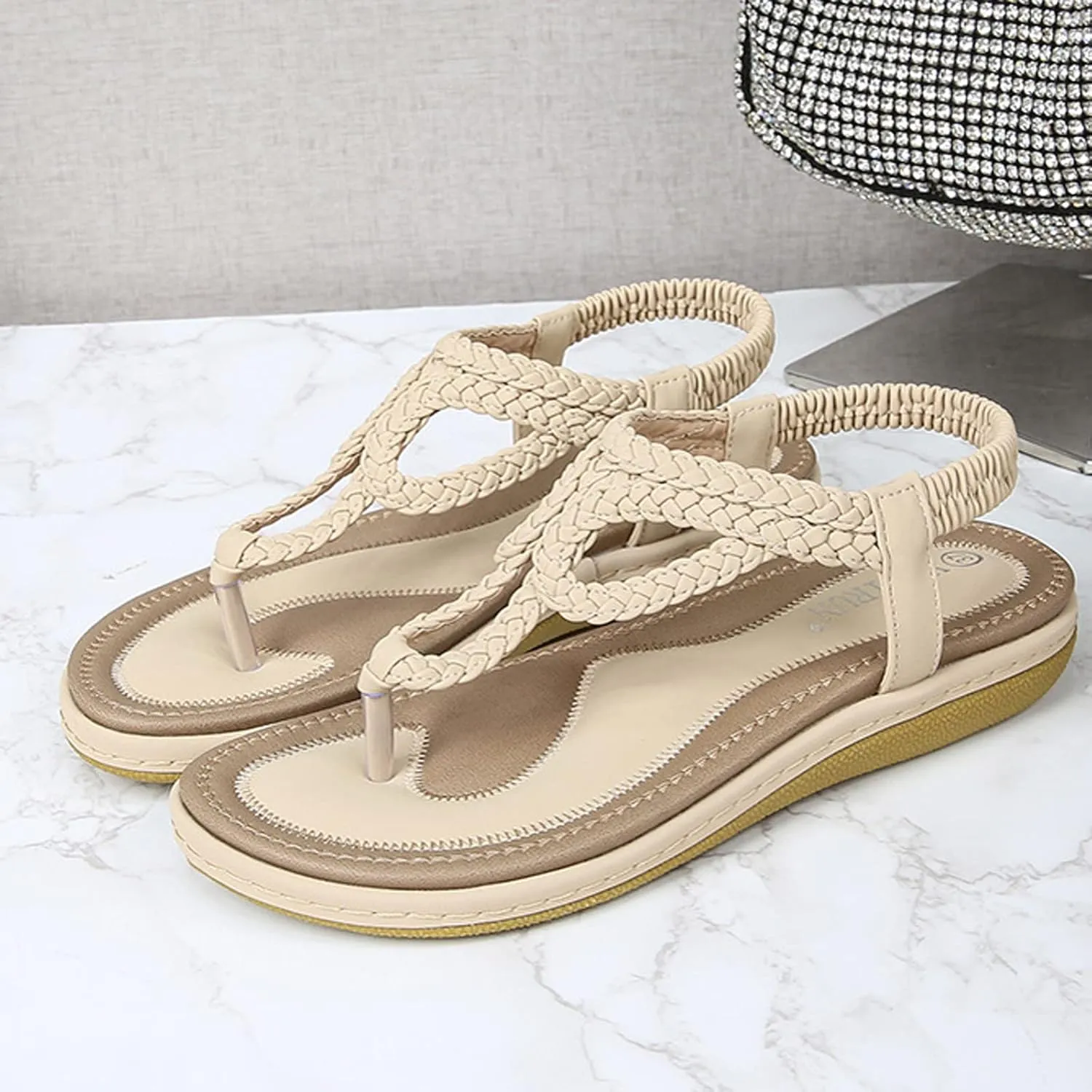 Women's Sandals Arch Support Sandals T-Strap Bohemian Beaded Flat Sandals Summer Beach Shoes Elastic Ankle Strap Sandal