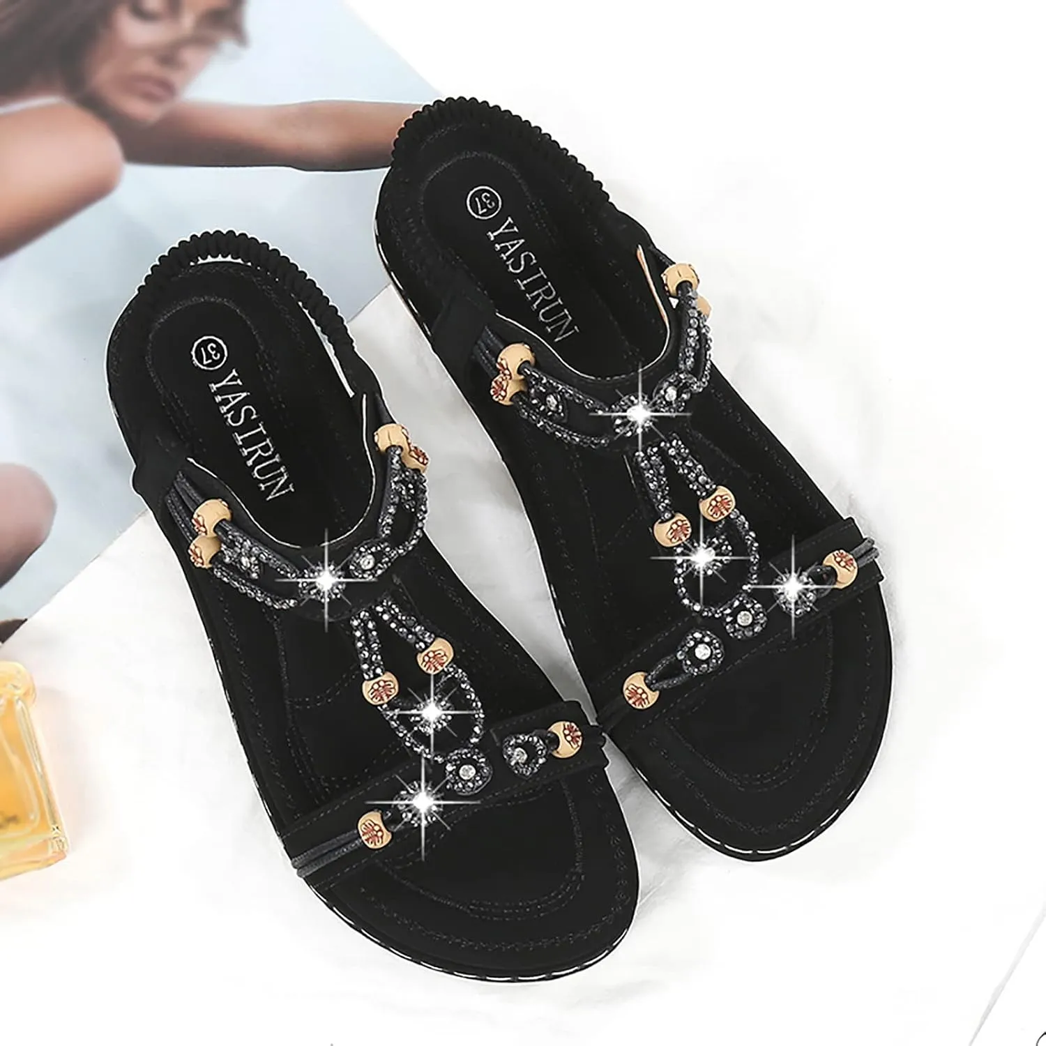 Women's Sandals Arch Support Sandals T-Strap Bohemian Beaded Flat Sandals Summer Beach Shoes Elastic Ankle Strap Sandal