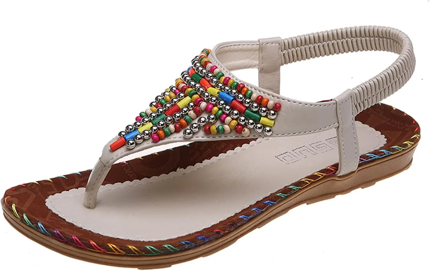 Womens Sandals Dressy Elastic Ankle Strap Bohemian Beaded Flat Sandals Casual Summer Slip On Comfortable Thong Beach Shoes