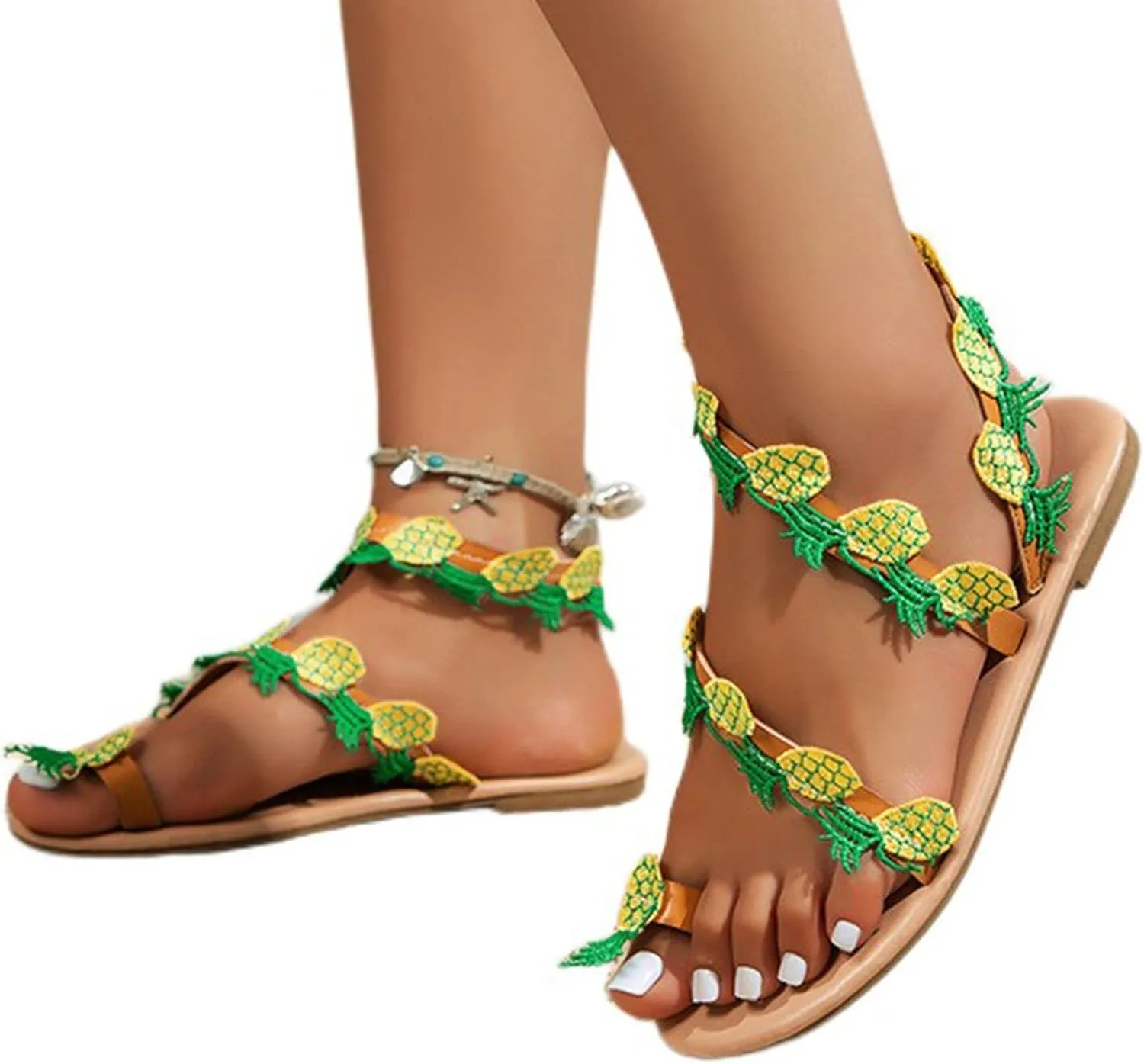 Women's Sandals Flat Summer Strawberry Decoration Flock Slip On Casual Open Toe Flat Soft Breathable Shoes