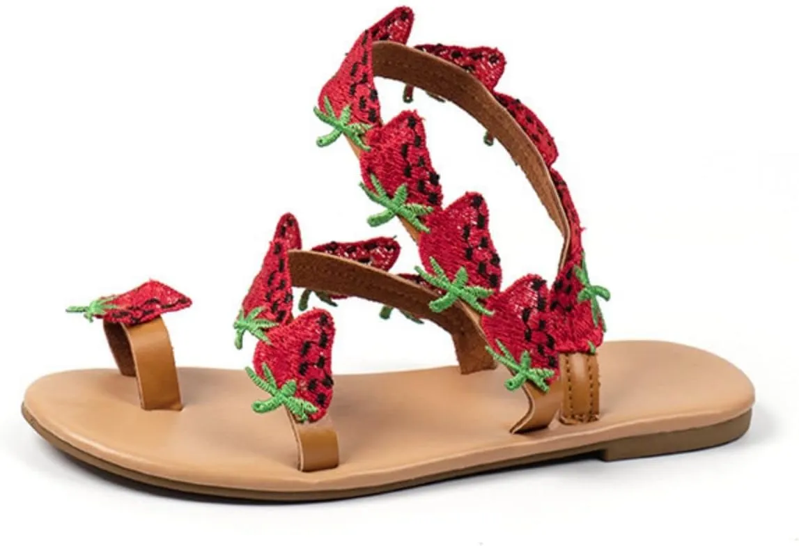 Women's Sandals Flat Summer Strawberry Decoration Flock Slip On Casual Open Toe Flat Soft Breathable Shoes