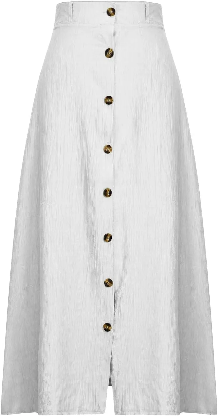 Women's Solid Color Maxi Skirt Casual Cotton Linen Front Slit Long Skirt Summer Button Up Beach Skirts (White, XL)