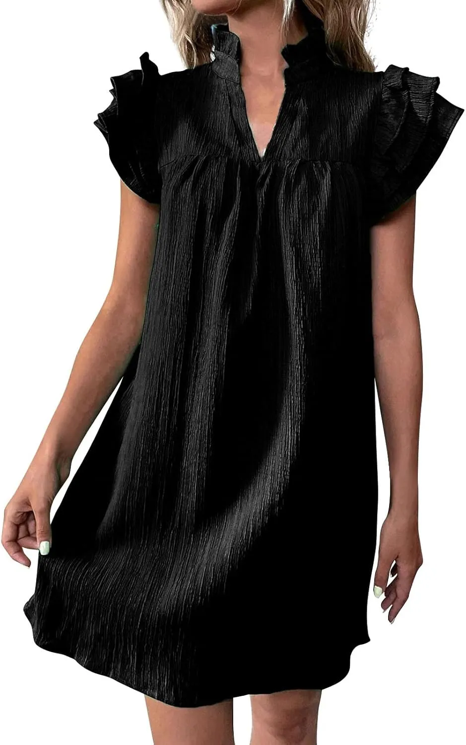 Womens Summer V-Neck Ruffle Cap Short Sleeve Pockets Mini Dress Sundress Boho Hawaiian Floral Tank Babydoll Dresses