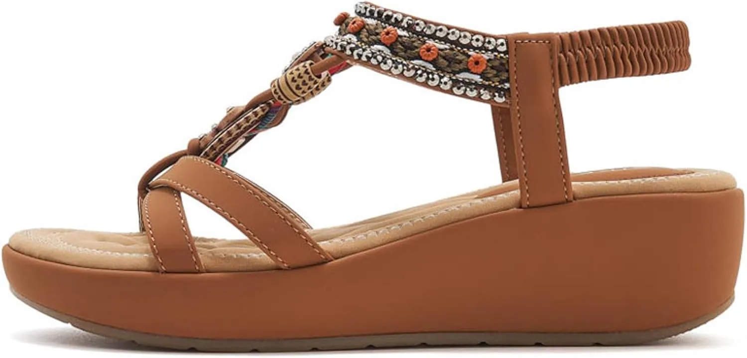 Women's Wedge Sandals Orthopedic Bohemian Platform Sandals Jeweled Beaded Sandals Ankle Strap Dressy 2025 Summer Beach Shoes