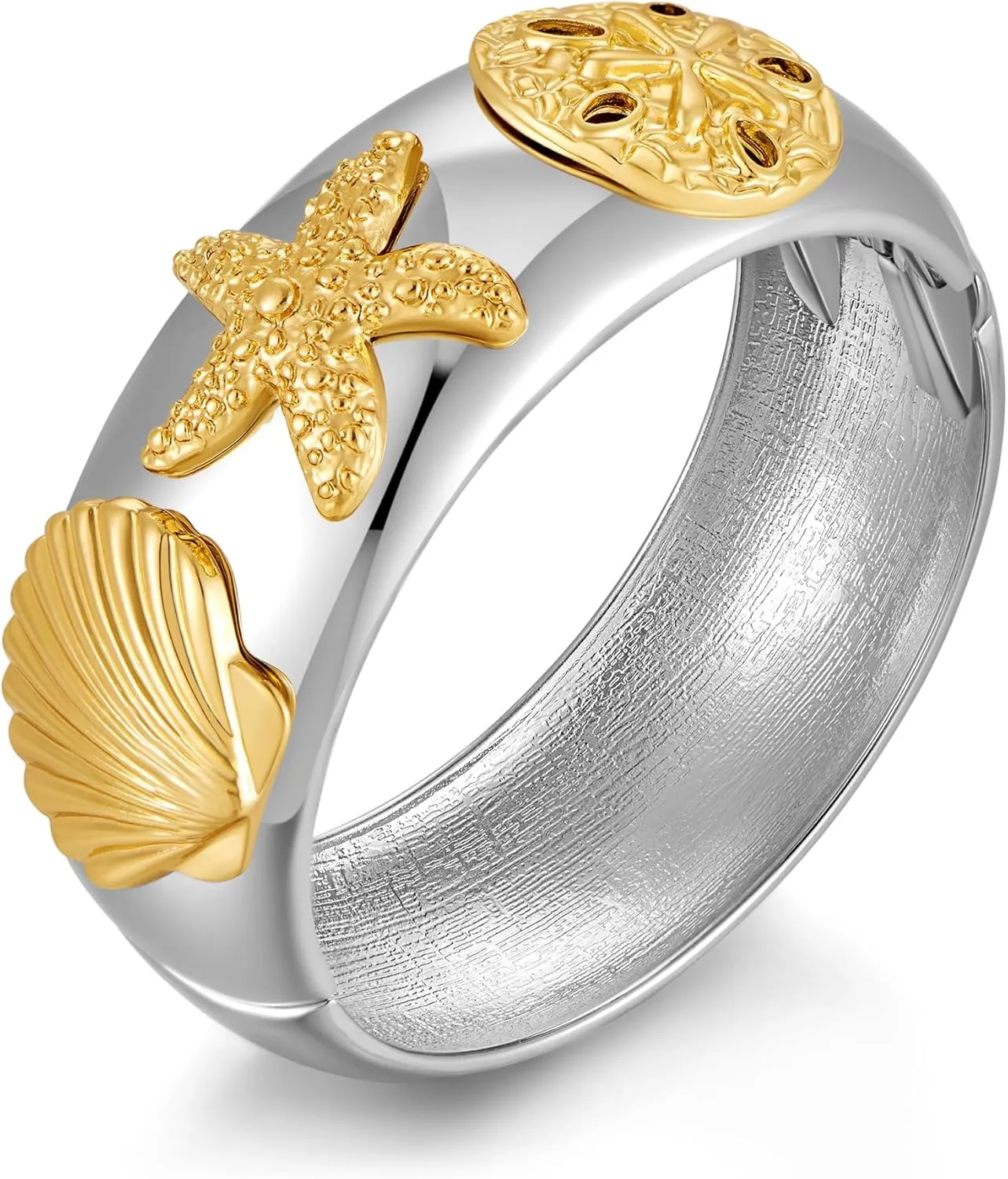 WOWORAMA Chunky Silver Bangle Bracelets for Women Trendy Sea Shell Starfish Bracelet Boho Summer Beach Statement Bracelet Thick Silver Chunky Cuff Bangle Bracelets