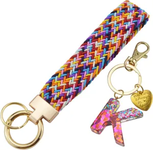 Wristlet Keychain with Initial Letter Colourful Braided Cute Wrist Lanyards Strap for Keys Wallet Handbag Phone