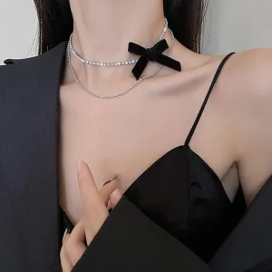Xerling Boho Dainty Black Bow Layered Choker Necklaces Handmade Rhinestones Pendant Multilayer Adjustable Layering Chain Silver Plated Necklaces Set for Women