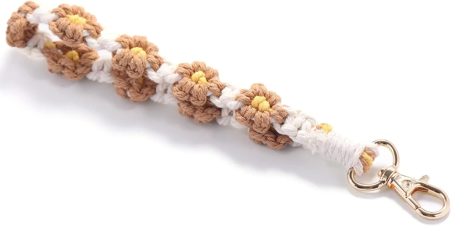 XGALBLA Cute Macrame Keychain Boho Handmade Weave Wristlet Bracelet Keychain Floral Wrist Lanyard Keyring Holder for Women