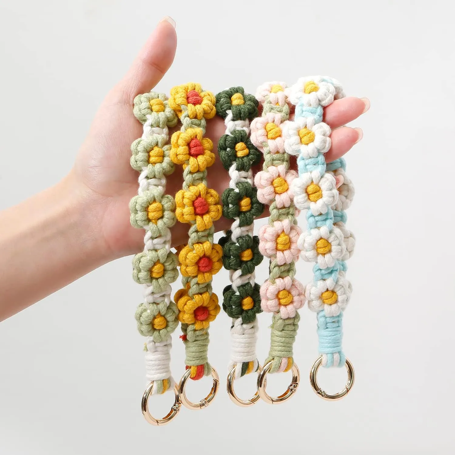 XGALBLA Women's Durable Macrame Keychain Boho Handmade Wristlet Bracelet Keychain Flower Floral Wrist Lanyard Handmade Holder