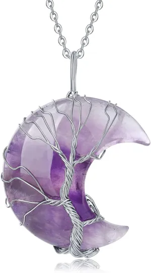 XIANNVXI Necklaces for Women Crescent Moon Pendant Necklace Tree of Life Wire Wrapped Crystal Necklaces Natural Gemstone Quartz Jewelry for Women Men