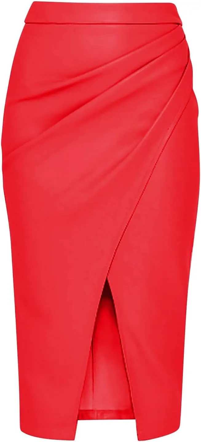 XOWRTE Women Midi Skirts Women Casual Solid Color Pu Skirt Solid Color High Waist Irregular Sexy Pleated Hip Skirt