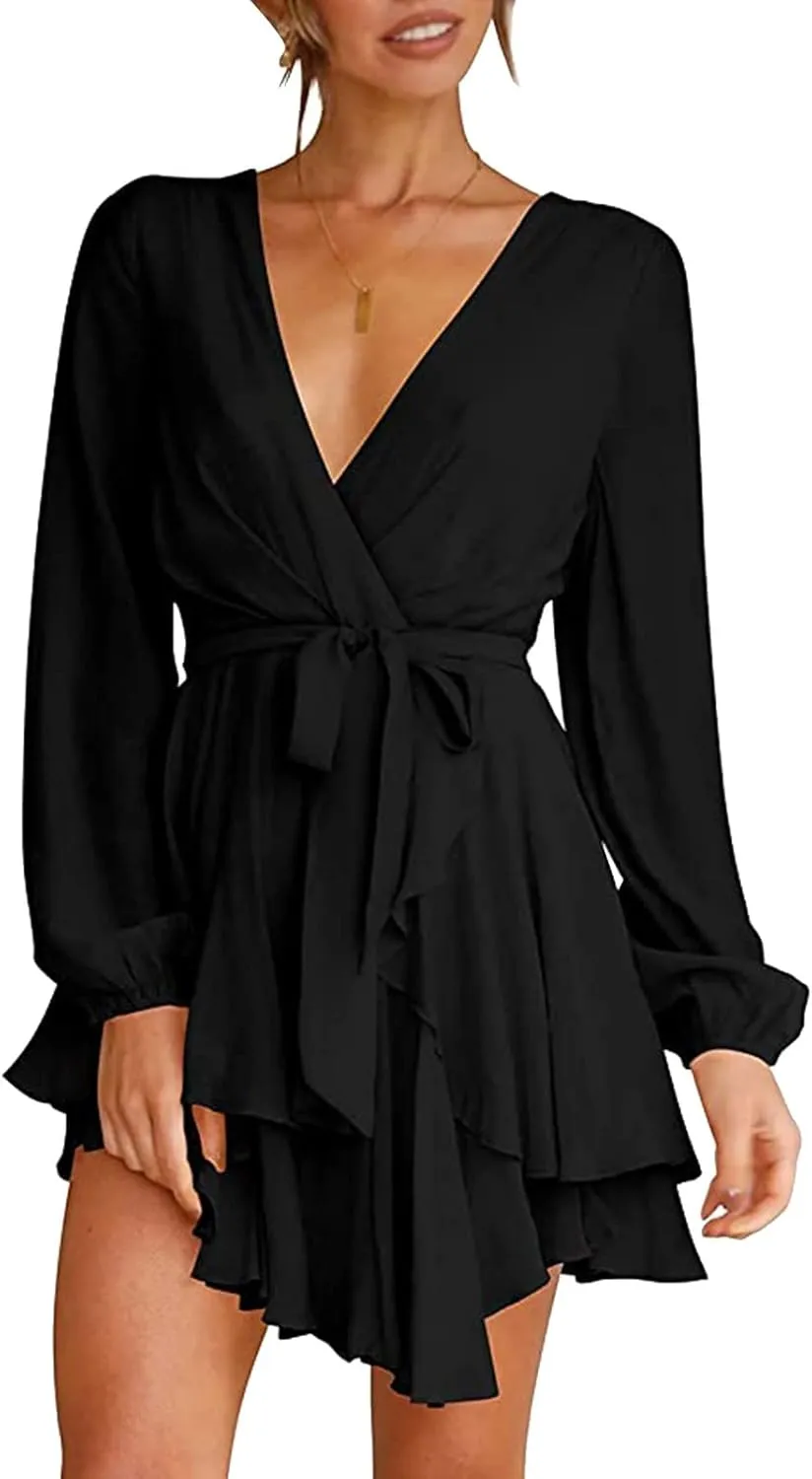 XOWRTE Women's Sexy Wrap Deep V Neck Dress Long Sleeve 2023 Tie Waist Ruffle Hem Cocktail Wedding Party Swing Mini Dresses