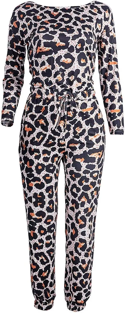 xxxiticat Women's Off Shoulder Camo Jumpsuit Long Sleeve Drawstring Waist Plaid Leopard Print Club Casual Rompers