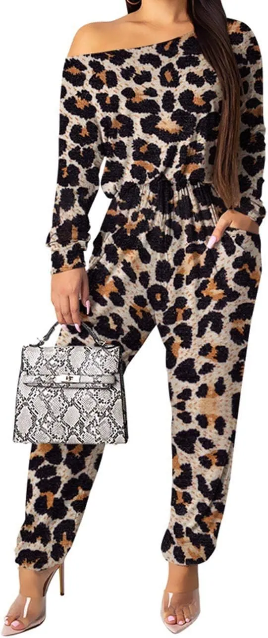 xxxiticat Women's Off Shoulder Camo Jumpsuit Long Sleeve Drawstring Waist Plaid Leopard Print Club Casual Rompers