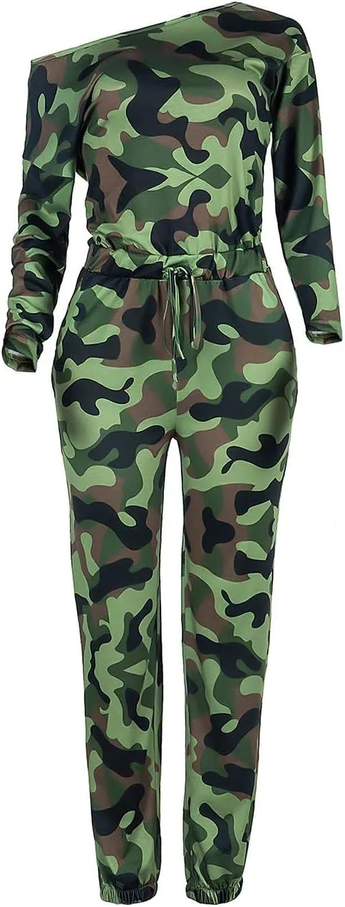 xxxiticat Women's Off Shoulder Camo Jumpsuit Long Sleeve Drawstring Waist Plaid Leopard Print Club Casual Rompers