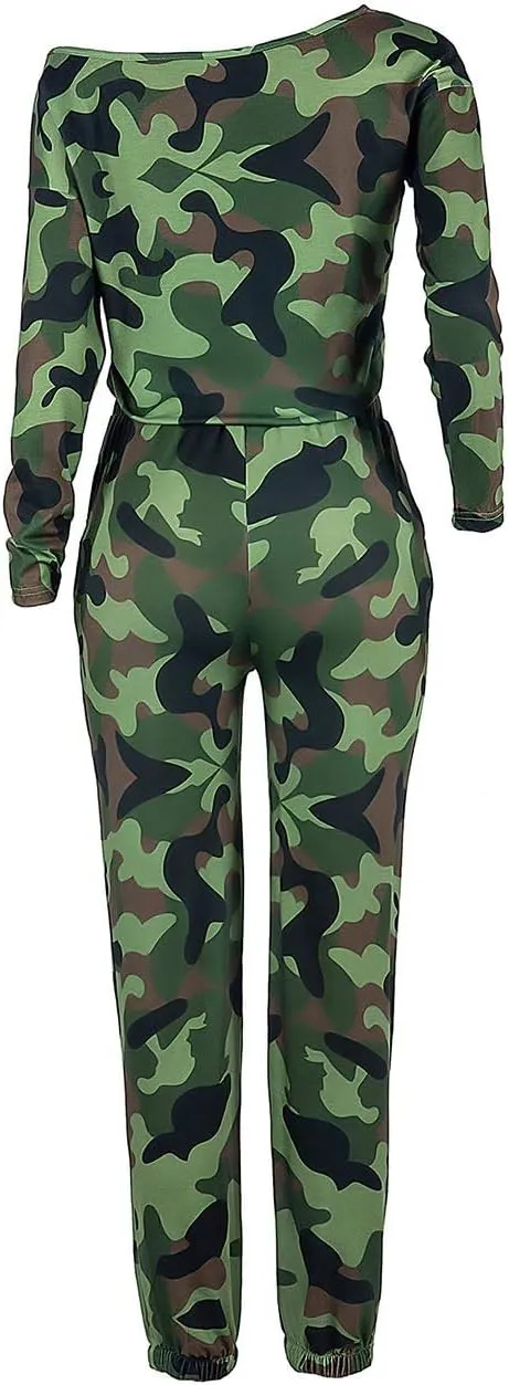 xxxiticat Women's Off Shoulder Camo Jumpsuit Long Sleeve Drawstring Waist Plaid Leopard Print Club Casual Rompers