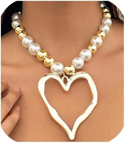 Y2k Large Heart Necklaces for Women Chunky Love Pearl Ball Beads Choker Necklaces Exaggerated Big Hollow Heart Pendant Necklace Statement Jewelry Gifts