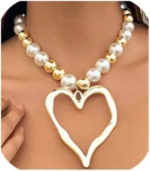 Y2k Large Heart Necklaces for Women Chunky Love Pearl Ball Beads Choker Necklaces Exaggerated Big Hollow Heart Pendant Necklace Statement Jewelry Gifts