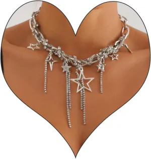 Y2k Star Choker Necklace for Women,Chunky Silver Star Layered Choker Long Chain Heart Pear Tassel Necklace Trendy Statement Necklace Jewelry