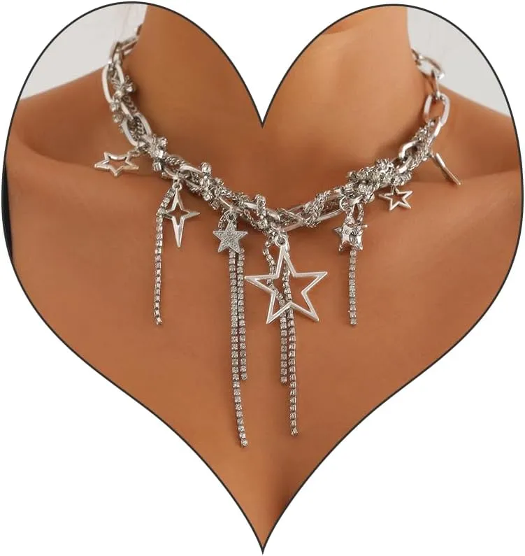 Y2k Star Choker Necklace for Women,Chunky Silver Star Layered Choker Long Chain Heart Pear Tassel Necklace Trendy Statement Necklace Jewelry