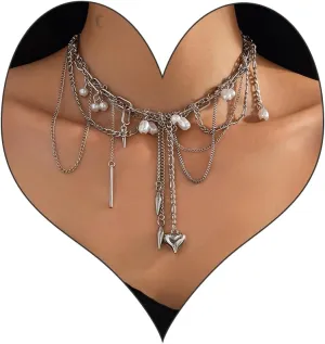 Y2k Star Choker Necklace for Women,Chunky Silver Star Layered Choker Long Chain Heart Pear Tassel Necklace Trendy Statement Necklace Jewelry