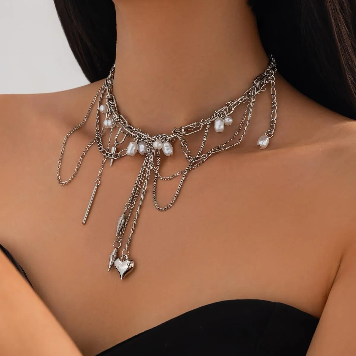 Y2k Star Choker Necklace for Women,Chunky Silver Star Layered Choker Long Chain Heart Pear Tassel Necklace Trendy Statement Necklace Jewelry