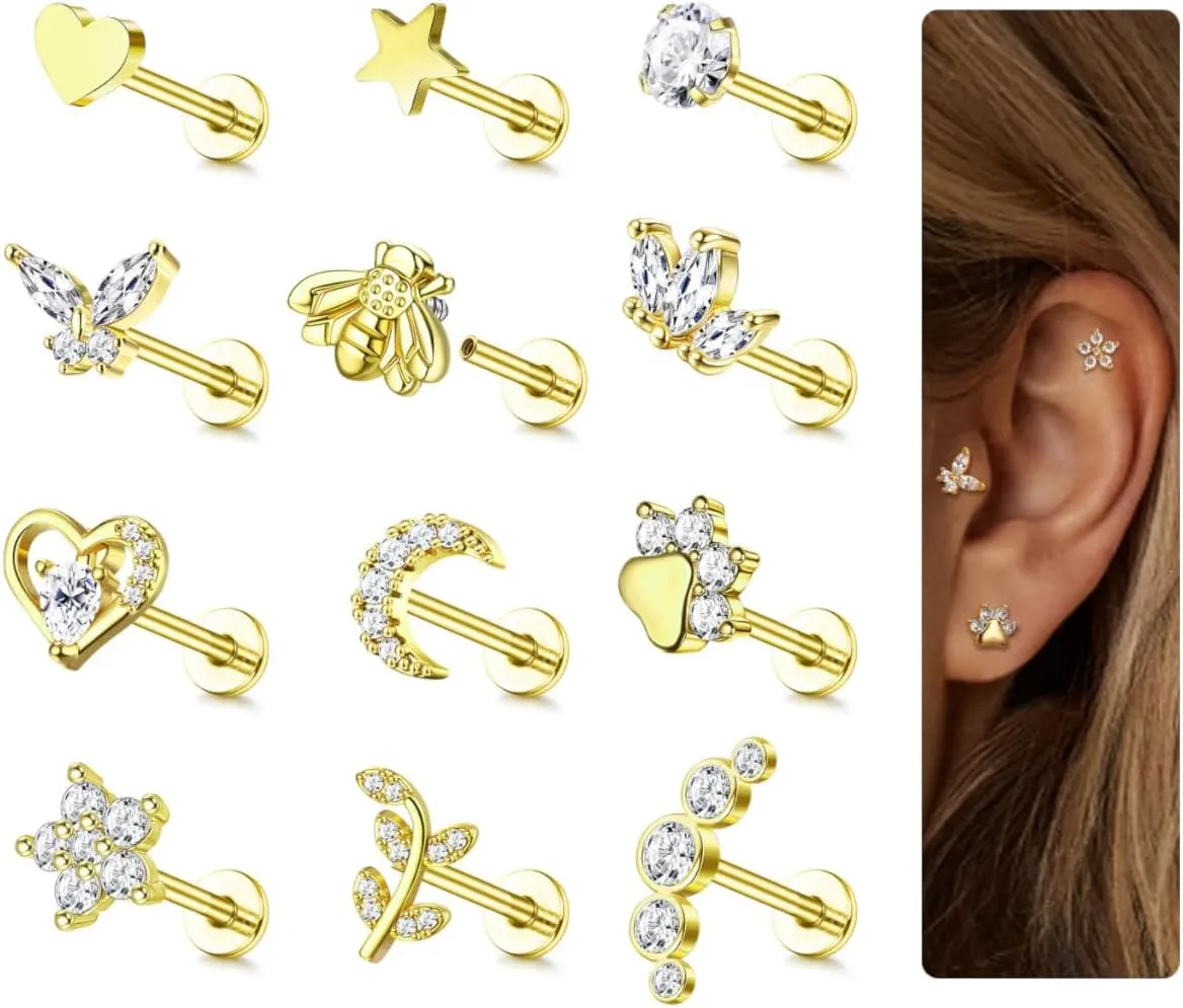 YADOCA 12Pcs 16G Tragus Earrings for Women Flat Back Cartilage Earring Stainless Steel Top Screw CZ Butterfly Bee Flower Moon Heart Flatback Stud Earrings Labret Conch Helix Cartilage Tragus Piercing Jewelry Set