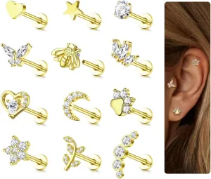 YADOCA 12Pcs 16G Tragus Earrings for Women Flat Back Cartilage Earring Stainless Steel Top Screw CZ Butterfly Bee Flower Moon Heart Flatback Stud Earrings Labret Conch Helix Cartilage Tragus Piercing Jewelry Set
