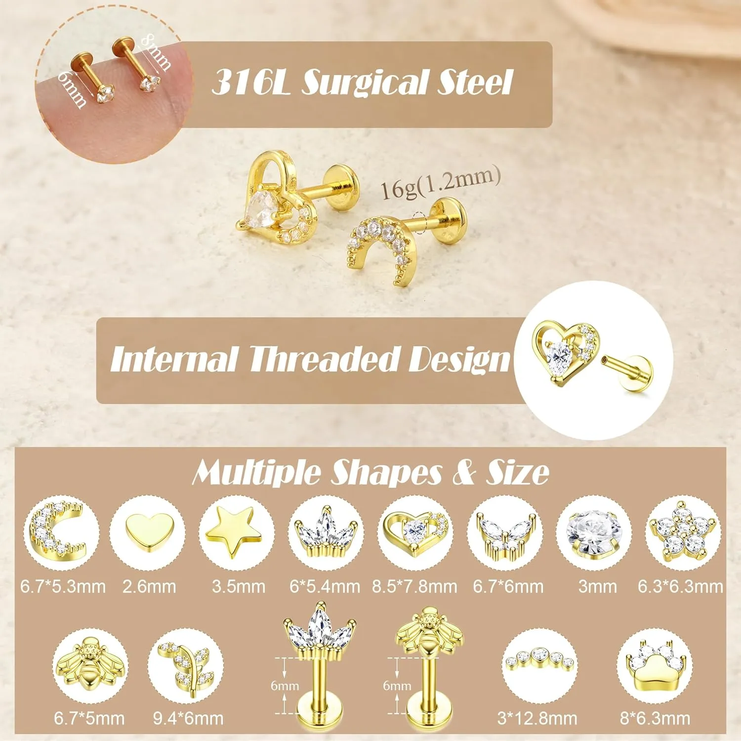YADOCA 12Pcs 16G Tragus Earrings for Women Flat Back Cartilage Earring Stainless Steel Top Screw CZ Butterfly Bee Flower Moon Heart Flatback Stud Earrings Labret Conch Helix Cartilage Tragus Piercing Jewelry Set