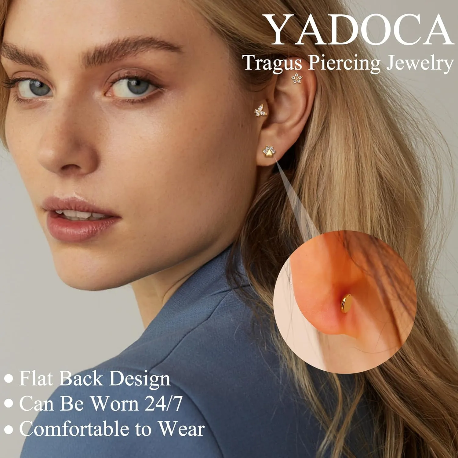 YADOCA 12Pcs 16G Tragus Earrings for Women Flat Back Cartilage Earring Stainless Steel Top Screw CZ Butterfly Bee Flower Moon Heart Flatback Stud Earrings Labret Conch Helix Cartilage Tragus Piercing Jewelry Set