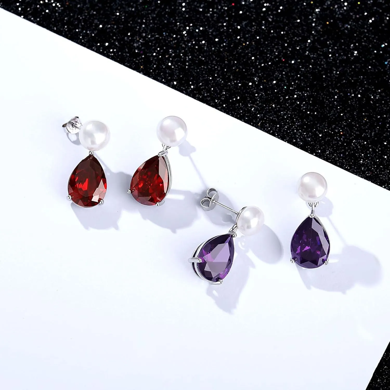 YAMI Pearl Earrings for Women, 925 Sterling Silver Studs 10 * 14mm Pear Shaped Colored Zircon Birthstone Drop Dangle Earrings, 8-8.5MM Freshwater Cultured Pearl Jewelry Gifts