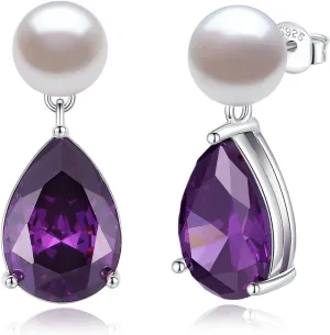 YAMI Pearl Earrings for Women, 925 Sterling Silver Studs 10 * 14mm Pear Shaped Colored Zircon Birthstone Drop Dangle Earrings, 8-8.5MM Freshwater Cultured Pearl Jewelry Gifts