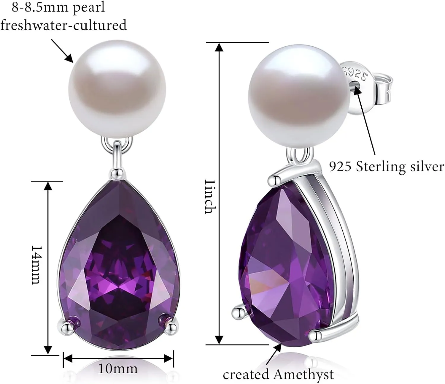 YAMI Pearl Earrings for Women, 925 Sterling Silver Studs 10 * 14mm Pear Shaped Colored Zircon Birthstone Drop Dangle Earrings, 8-8.5MM Freshwater Cultured Pearl Jewelry Gifts