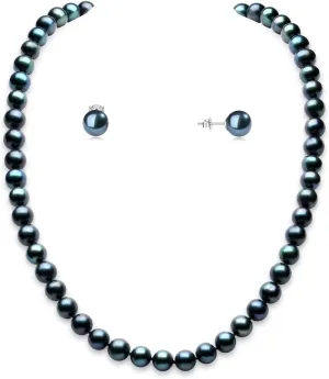YAMI Tahitian Black Pearl Necklace Earrings Set, Natural Saltwater Cultured Near-Round Pearl Strand Necklace with Round Studs, 925 Sterling Silver Clasp, Luxury Jewelry Gift for Woman