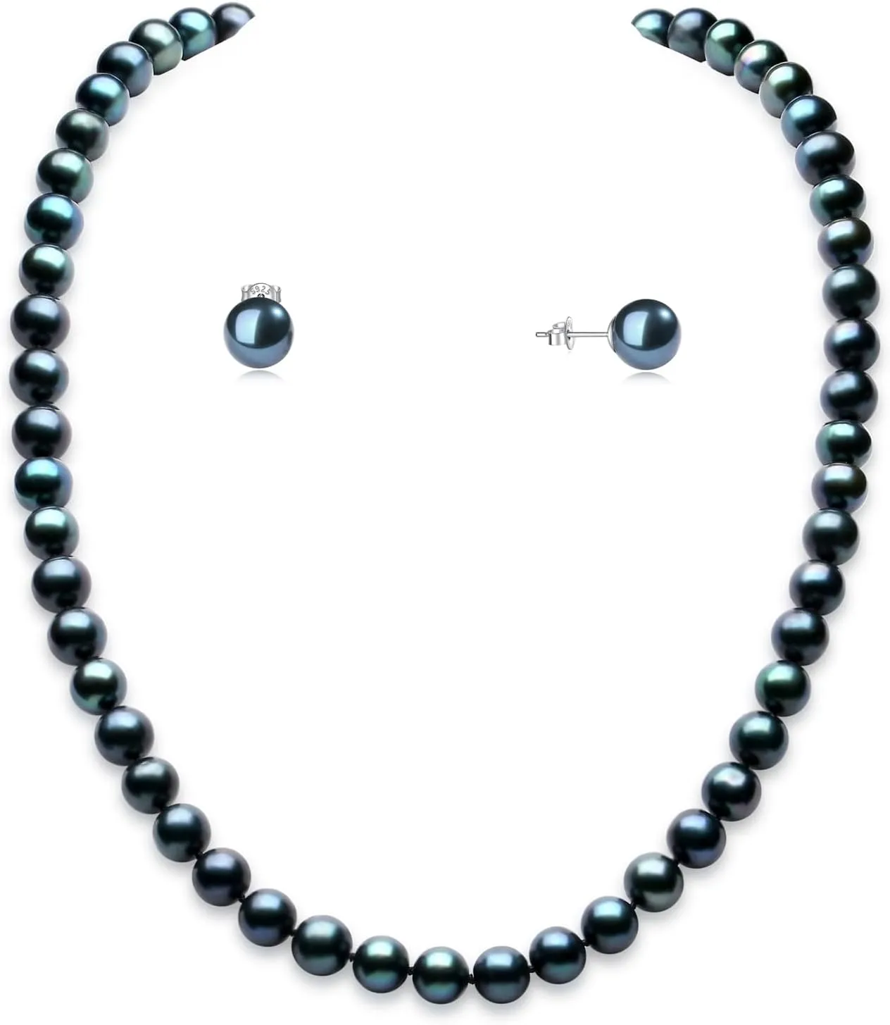 YAMI Tahitian Black Pearl Necklace Earrings Set, Natural Saltwater Cultured Near-Round Pearl Strand Necklace with Round Studs, 925 Sterling Silver Clasp, Luxury Jewelry Gift for Woman