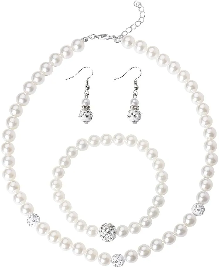 yaozeio Pearl Earrings Bracelet Necklace Set Black and White Necklace Faux Pearl Bracelet Simulated Pearl Drop Earrings Bride Rhinestone Crystal Necklace Bracelet Earrings Sets